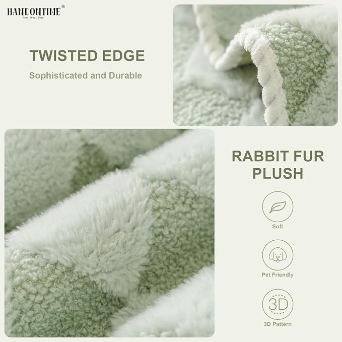 HANDONTIME Non-Slip Pet Couch Cover Washable, Plush Faux Fur Couch Protector for Cushion Pet-Friendly Sofa Covers for Dogs, Checkered Diamond Sectional Covers Dog Mat for Sofa (Green, 35.6" x 82.7")