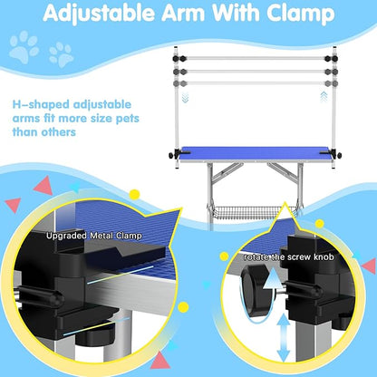 Lyromix 42''Large Dog Grooming Table, Adjustable Cat Drying Desktop with Arms, Nooses, Mesh Tray, Foldable Pet Station at Home, Maximum Capacity Up to 330Lb, 42inch, Blue