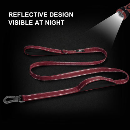 TwoEar 4FT 1IN Strong Red Dog Leash with 2 Padded Handles, Traffic Handle Extra Control, Comfortable Soft Dual Handle, Auto Lock Hook, Reflective Walking Lead for Small Medium and Large Dogs