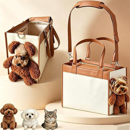Teddy Bear Dog Carrier Bag, Teddy Carrier Bag for Dogs and Cats, Portable PU Leather Shoulder Tote with Plush Ears, Portable Convenient，White Brown Color Scheme M