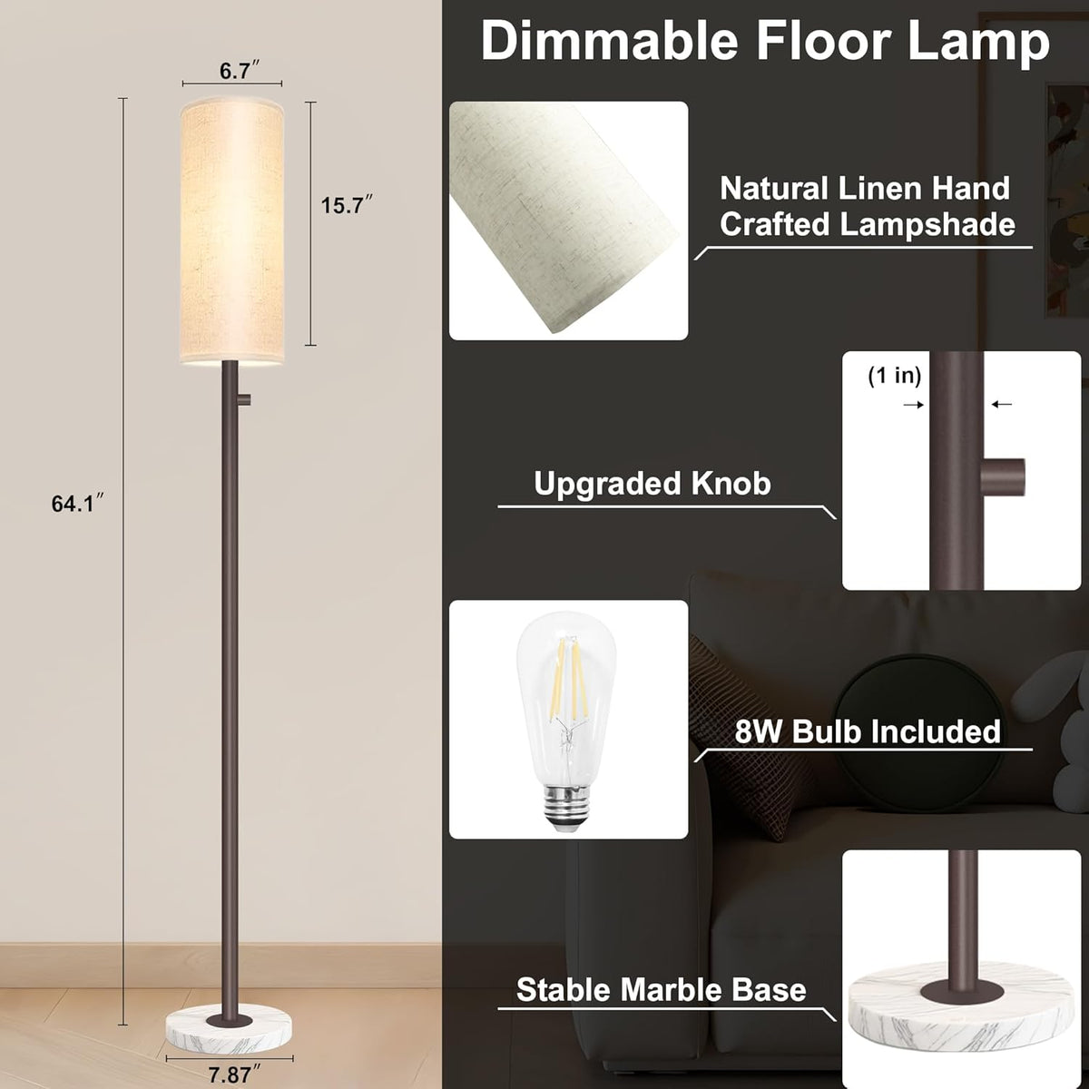 Dimmable Gold Floor Lamp for Living Room,Modern Standing Lamp with Marble Base,LED Bulb Included,Floor Lamps for Bedroom, Living Room,Office,Reading and Nursery(Brown Floor Lamp)