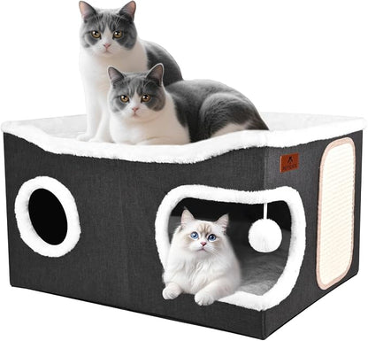 Extra Large Cat Beds for Indoor Cats, Covered Cat Cave Beds & Furniture with Scratch Pad and Fluffy Ball, Foldable Cat Condo with Reversible Cushion for Multi Small Pet Large Kittens, Dark Grey