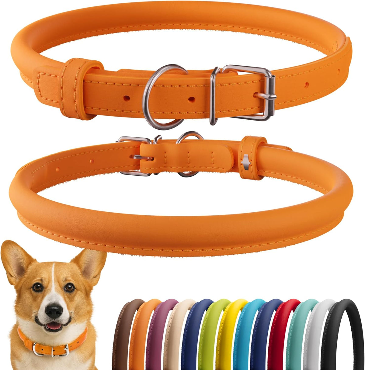 CollarDirect Rolled Leather Dog Collar, Soft Padded Round Puppy Collar, Handmade Genuine Leather Collar Dog Small Large Cat Collars 13 Colors (11-14 Inch, Orange Smooth)
