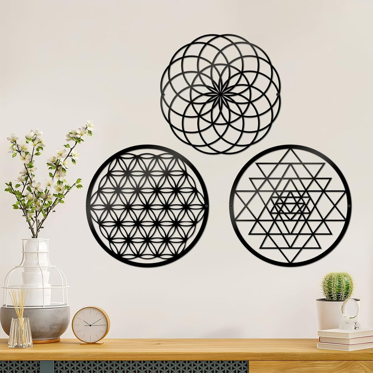 3 Pcs Metal Abstract Wall Decor, Minimalist Lines Wall Hanging Art Painting, Modern Geometric Black Wall Sculpture Suitable for Home Office, Hotel Living Room, Bedroom and other Home Decoration（Circle）