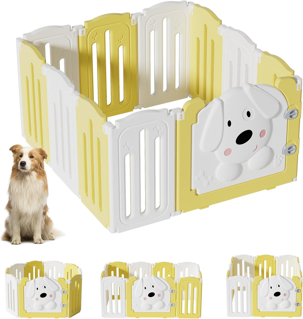 Foldable Dog Play Pen Indoors, Non-Slip Sturdy Puppy Playpen with Door, 25.5" H 10-Panel Adjustable Shape Dog Fence Pen for Small/Medium Dogs, Thickened, Easy to Store, White+Yellow
