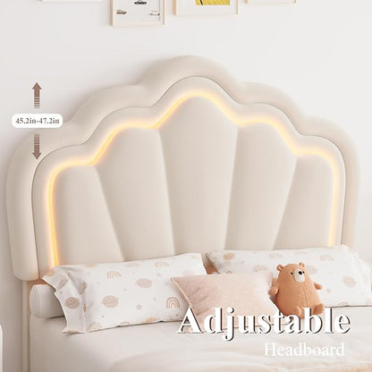 HOSTACK Twin Upholstered LED Bed Frame with Storage Drawer, Cute Girls Bed with Adjustable Lotus Headboard, Velvet Princess Platform Bed Frame, Wooden Slats Support, No Box Spring Needed, Cream