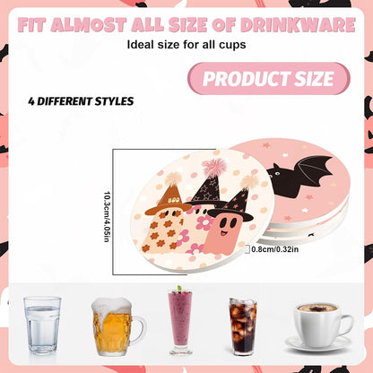 Whaline 4Pcs Halloween Coasters Pink Ghost Bat Pumpkin Ceramic Coasters Absorbent Cup Mat for Home Kitchen Office Party Table Decor