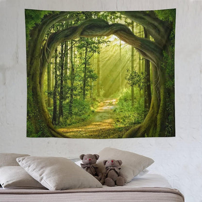 FENDROM Enchanted Forest Tapestry Nature Sunshine Lanscape Green Tree Cave Tapestries Wall Hanging For Living Room Bedroom Home Decorations