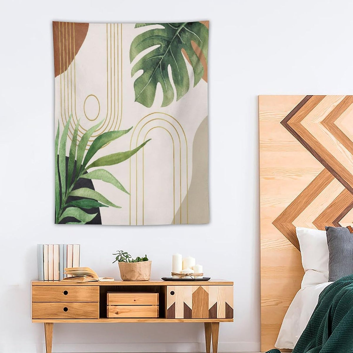 Abstract Boho Tapestry, Mid Century Tropical Tree Leaves Modern Geometric Arch Bohemian Botanical Tapestry, Home Aesthetic Wall Hanging Art Decor for Living Room Bedroom Dormitory 60x80 Inch