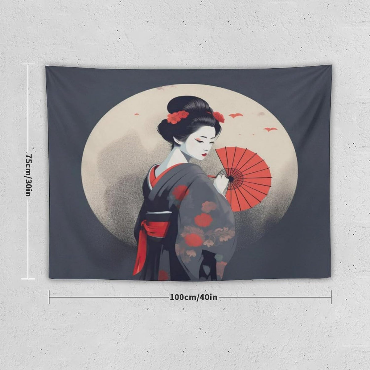 Japanese Woman Geisha Tapestry Asian Red Cherry Blossom Red Sun Traditional Kimono Folk Tapestries Home Decor for Living Room Bedroom Apartment Farmhouse Dorm 40"x30"