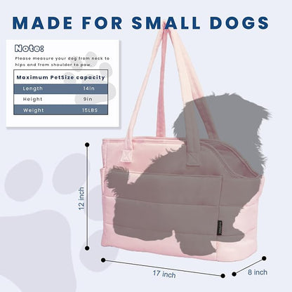 Lightweight Puffy Dog Purse Carrier for Small Dogs, Pink | Quilted Pet Carrier Tote with Safety Leash Clip, Storage Pockets and Removable Base, for Pets Up to 15 lbs, Pink