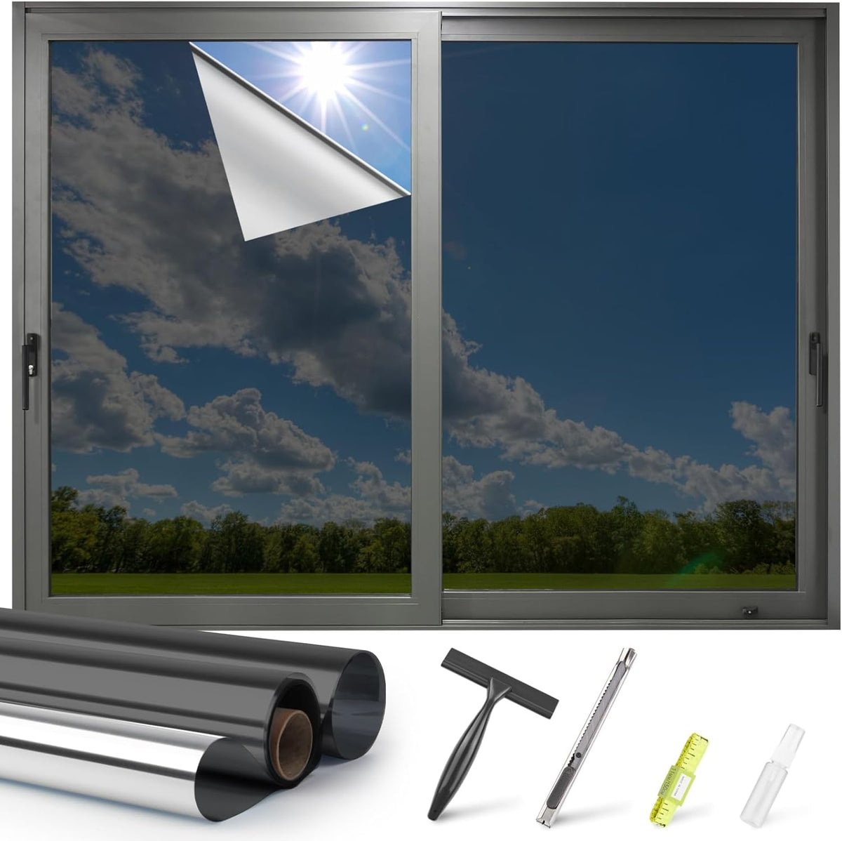 Kromapolis One Way Window Privacy Film Reflective Mirror Home Window Tint, Daytime Privacy Heat Control Anti UV Glass Tinting Static Cling (Black-Silver, 17.5 x 157.4 inch)