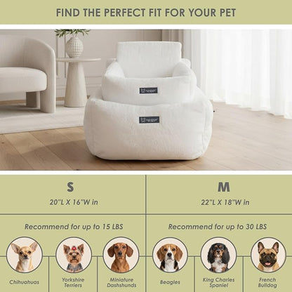 NANDOG Luxury Dog Car Seat Bed for Medium Dogs, Cloud Ultra Plush Pet Seat with Removable & Washable Cushion Insert, Thick Safety Seatbelt Straps, Secure Travel Carrier, Pearl White, 22" L x 18" W