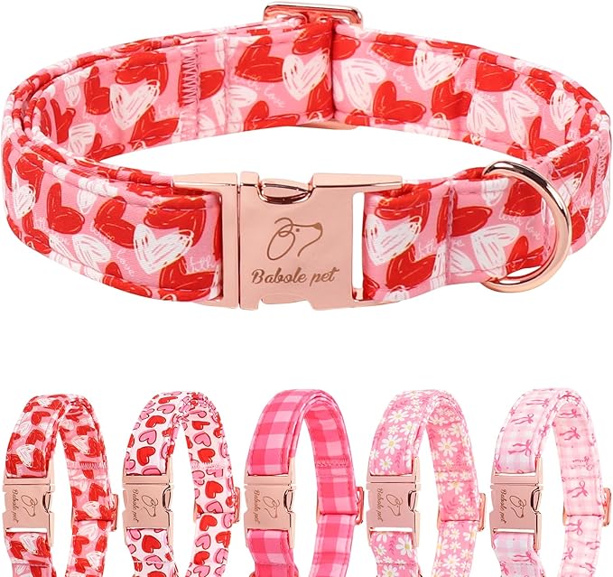 Valentines Dog Collar, Cute Pink Valentine Dog Collars, Doodle Heart Pattern, Adjustable Heavy Duty Pet Collar for Small Medium Large Dogs with Metal Buckle S