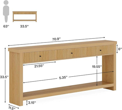 Tribesigns 70.9 inch Extra Long Entryway Table with 3 Drawers, Sofa Console Table with Open Storage Shelves, Oak Color Furniture, Wooden Couch Foyer Tables for Living Room Hallway Entrance
