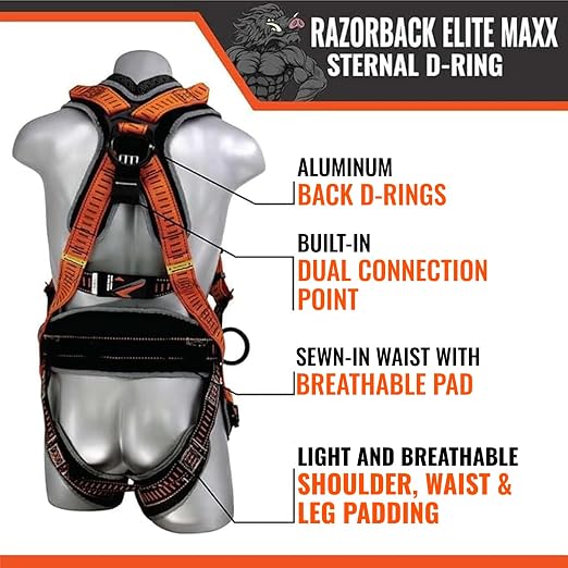 Razorback Elite MAXX - Safety Harness and Fall Protection Kit with Sewn in Lumbar Support Belt and Built-in Rescue Handles for Fall Arrest, OSHA & ANSI Compliant (3XLarge)