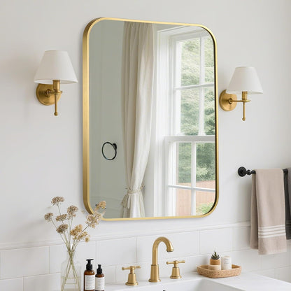 FARMER 16x24 Inch Gold Bathroom Mirror, Rectangle Vanity Mirror, Brushed Mirrors for Wall, Metal Frame Hanging Mirror with Round Corner for Bedrooms, Entryways, Living Rooms, Horizontal/Vertical