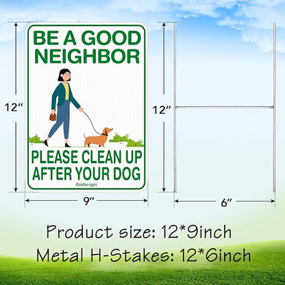 Faittoo Clean Up After Your Dog Signs (2 Pack) 12"x9" Double Sided with Metal H-Stake No Poop Signs for Lawn, Weather Resistant, Easy to Mount