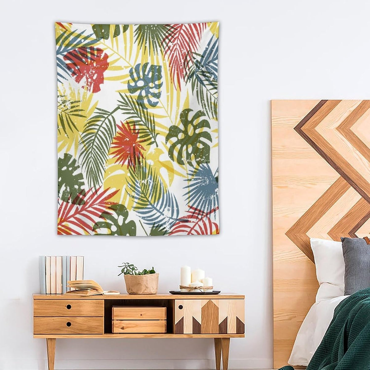 ICMOLYYENLO Boho Green Leaves Tapestry, Mid Century Abstract Tropical Palm Leaves Modern Minimalist Geometric Wall Hanging, Neutral Home Decor Art for Living Room Bedroom Dorm 50x60 Inch