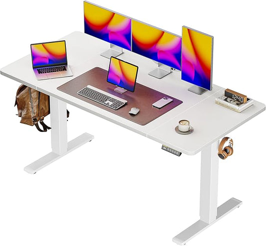 Huuger 55 x 28 Large Electric Standing Desk, Height Adjustable Copmuter Desk, 27.6" Deep Desktop, Stand up Gaming Office Table with 2 Hooks, 3 Preset Heights, for Home Office, White