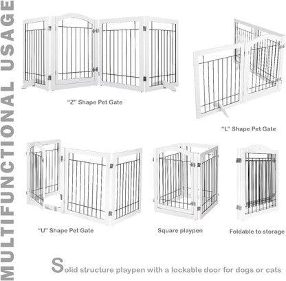SPIRICH 96-inch Extra Wide 30-inches Tall Dog Gate with Door Walk Through, Freestanding Wire Pet Gate for The House, Doorway, Stairs, Pet Puppy Safety Fence, Support Feet Included (White)
