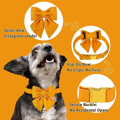 Maca Bates Mango Yellow Dog Collar with Cute Solid Sailor Bow Tie for Medium Girl Boy Dogs,Adjustbale Durable Breakaway Soft Collars with Bowtie for Female Male Puppy,Pet with Metal Buckle