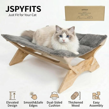 JSPYFITS Elevated Cat Bed Hammock, Raised Cat Bed with Dual-Sided Plush & Linen Cushion, Machine Washable & Breathable Cover Tool Free Easy Assembly, up to 66Lbs (Gray)