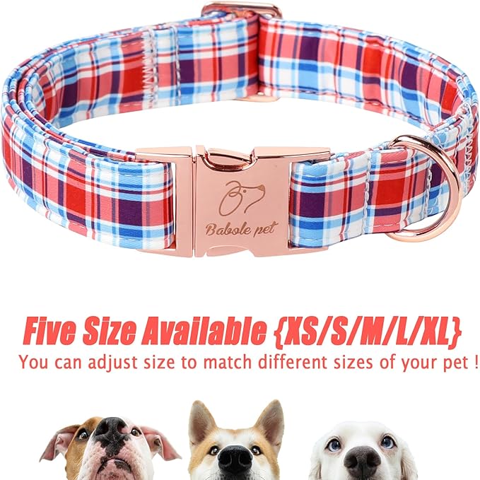 Adjustable Plaid Boy Dog Collar - Classic Boy Dog Plaid Collars for Small Dogs, Durable Red White Blue Heavy Duty Metal Buckle Pet Collar S