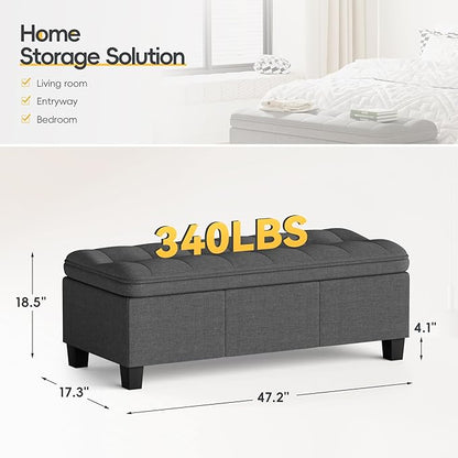JUMMICO 47 Inches Storage Ottoman with Legs, End of Bed Bench, Foot Rest for Couch, for Living Room, Bedroom, Entryway, 17.3" D x 47.2" W x 18.5" H, Easy Assembly (Dark Gray)