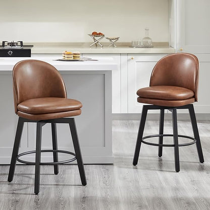 Counter Height Barstools 26 inch Upholstered Swivel Bar Stools with Back and Wood Legs for Kitchen Island,Set of 2,Brown PU Leather-Armless