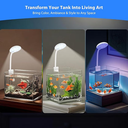Mini Clip-On Aquarium Light 7W USB Dimmable Fish Tank Lamp with 3 Light Modes (White/RGB/Full Spectrum), 9-Level Brightness, 360° Adjustable Gooseneck for 1–3 Gallon Tanks