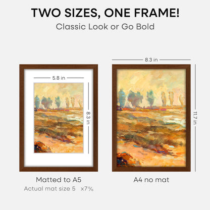 Homeforia A4 Picture Frame Brown Wood, High-End Dark Oak 8.3 x 11.7 Poster Walnut Frames Matted to 5.8 by 8.3 inch Photo, A4 Size Wooden Frame with Mat for A5 Print, Tempered Glass, Wall Kit, Set of 1