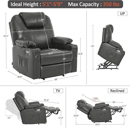 MCombo Extra Wide Power Lift Recliner Chair for Elderly, Lift Chair with Heat and Massage for Big People, USB&Type C Ports, Cup Holders, Faux Leather R7045 (Grey, Medium-Wide)