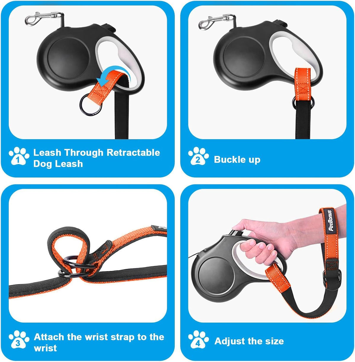 PetBonus Short Dog Leash, Safety Wrist Strap for Retractable Dog Leash, Reflective Design and Adjustable Soft Padded Handle, Extra Layer Security for Pet Stroller (Orange)