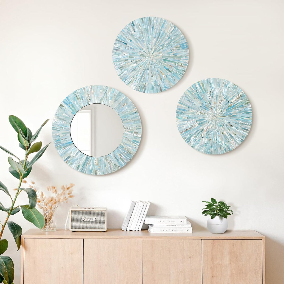 Beach Mirror Wall Decor for Living Room, 3PCS Natural Mother of Pearl Coastal Wall Art Bedroom Bathroom Decoration, Handmade Ocean Round Wall Hanging Sculptures for Home Office Holiday Hotel