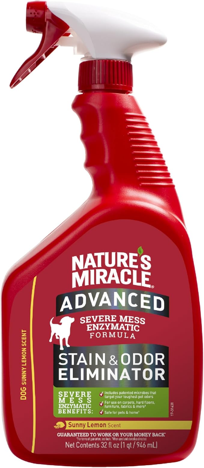 Nature’s Miracle Advanced Stain & Odor Eliminator, 32 Ounces, Sunny Lemon Scent, Severe Mess Enzymatic Formula For Tough Pet Messes