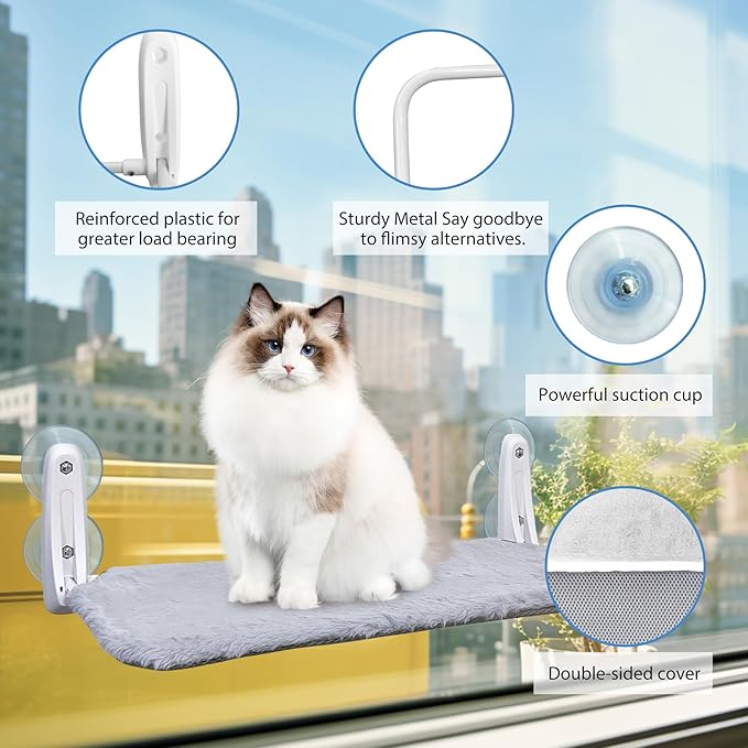 L&W BROS. 2 Pc Heavy Duty Cat Window Perch Holds up to 50 lbs, Foldable Cat Window Hammock with 4 Strong Suction Cups, Easy to Install, 24" Window Seat for Large or Multiple Cats (L 2Pc)
