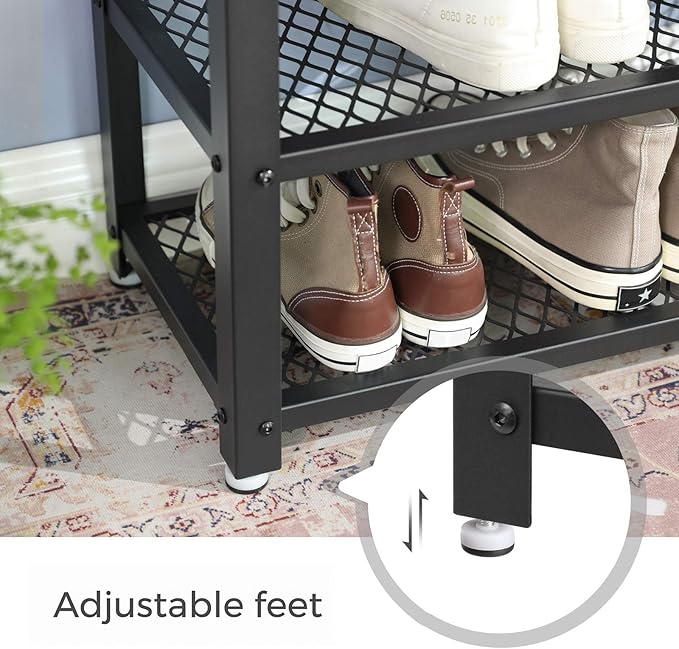 VASAGLE, 3-Tier Shoe Rack, Shelf Storage Bench with Metal Mesh Shelves and Seat, Free Standing Shoe Organizer for Entryway, 11.8 x 28.7 x 17.7 Inches, Greige and Black ULBS73MB