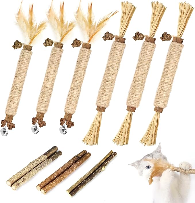 Tocirelo Catnip Toys Silvervine Sticks - 12Pack Natural Cat Chew Toys for Bored Indoor Cats Teeth Cleaning, Matatabi Sticks Treats with Feather and Bell, Kitten Teething Calming Products