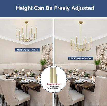 Modern Gold Farmhouse Chandeliers, 8-Light Industrial Metal Chandelier Lighting, Classic Candle Hanging Pendant Light Fixtures for Kitchen Bedroom, Dining Room, Living Room,Foyer