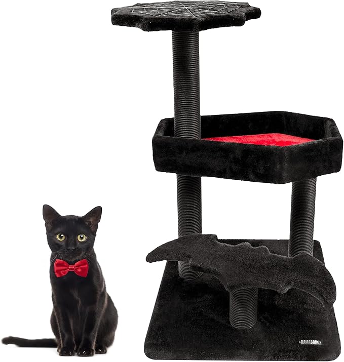 KAMABOKO Gothic Cat Tree, 30.3in Black Cat Tower with Coffin Bed, Cat Condo with Sisal Scratching Posts, Scratching Ramp and Comfort Basket for Indoor Cats
