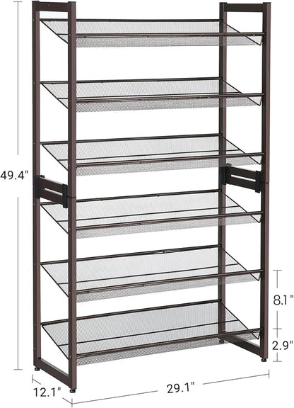 SONGMICS Shoe Rack, 6-Tier Shoe Organizer, Metal Rack for Garage, Set of 2, 3-Tier Stackable Shelf, with Adjustable Flat or Angled Shelves, 18-24 Pairs, Bronze ULMR03A-2
