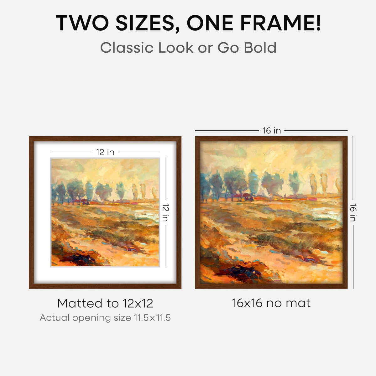 Homeforia 16x16 Brown Picture Frame, High End Dark Oak 16 x 16 Square Wood Frame with Mat 12 x 12 for Photo, 16by16 Wooden Walnut Poster Frame Matted to 12x12 Print, Tempered Glass, Wall Kit, Set of 1