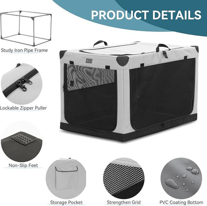 PETSFIT 26" Soft Portable Dog Crate – Patented Spiral Sturdy Frame, Collapsible Travel Kennel for Small Dogs, 3 Mesh Door, Lockable Zippers, Indoor & Car Use Gray