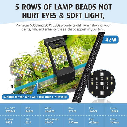 hygger Clip On Full Spectrum Aquarium LED Light, 42W Day-Night Dual Timer Sunrise-Day-Sunset-Moon Fish Tank Light, Adjustable Timer Brightness with 9 Colors for Planted Tank