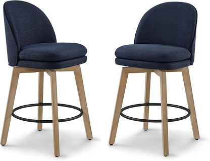 Counter Height Barstools 26 inch Upholstered Swivel Bar Stools with Back and Wood Legs for Kitchen Island,Set of 2,Blue Fabric-Armless