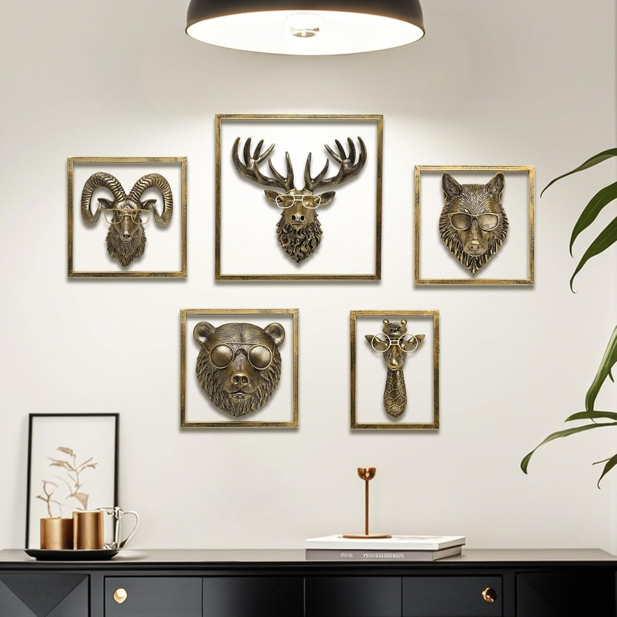 JJALIGHTS Animal Heads Wall Decor Resin Animals Sculptures Head Wall Hanging Decoration Imitation Copper vintage Wall Sculpture for Living Room Bedroom Office(5pcs,Includes Metal Frame)
