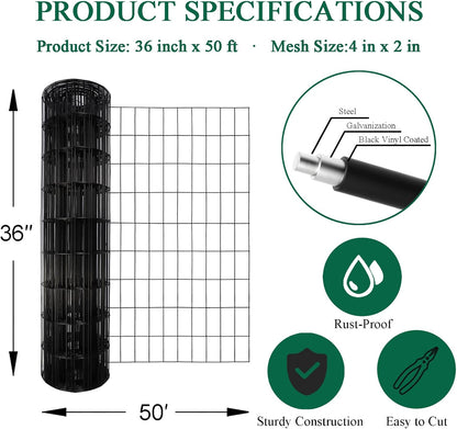 Black PVC Coated Welded Wire Fence 36 Inch x 50 Foot, 2 Inch x 4 Inch 14GA, Garden Border Fencing Roll Vinyl Coating Metal Wire Mesh Hardware Cloth for Yard Vegetable Plant Protection