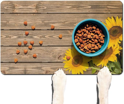 Dog Food Mats for Floors Absorbent, Cat Food Mat - Pet Cat Feeding Mat Quick Dry, Dog Bowl Mats for Water, Pet Supplies Feeding Placemat 12" x 20" Wood Grain Sunflower