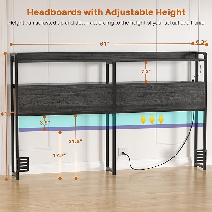 Aheaplus Headboard for Queen Size Bed Frame, Headboards with Outlets, USB Ports and LED Light, Head Board with Storage, Height Adjustable, Sturdy and Stable Headboard, Queen Size, Black Oak